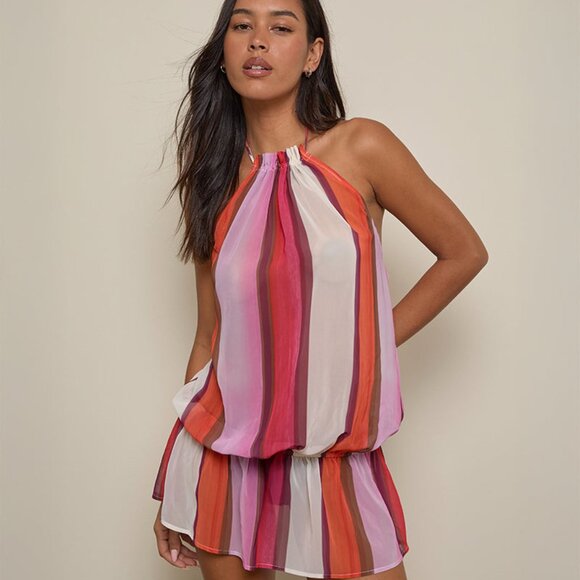 Veloria Halterneck Mini Dress in Pink Sheer Chiffon Painted Stripe - Picture 3 of 5